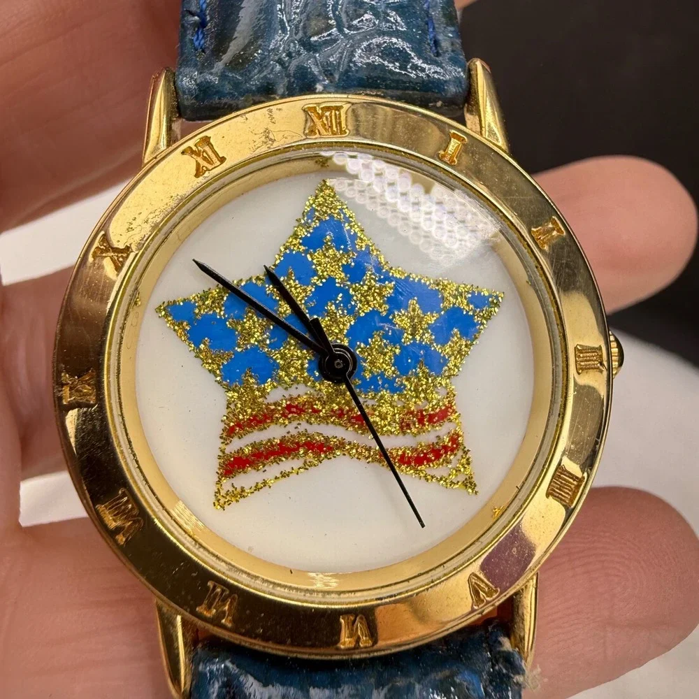 Vintage American Flag Watch Gold Tone Blue Leather Star  NEEDS BATTERY 8.75in